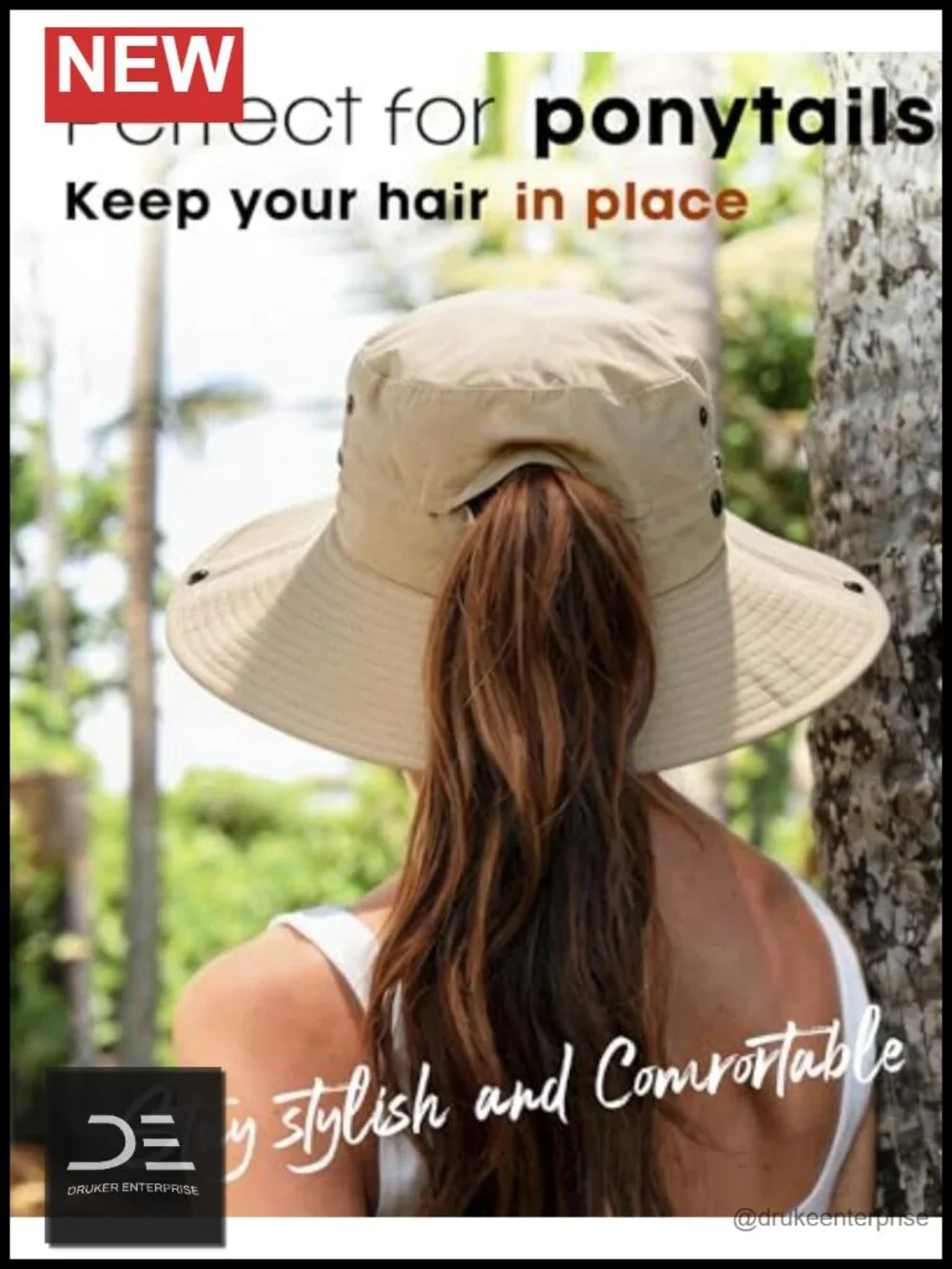 Nylon Sun Hat with Ponytail Hole Wide Brim Packable Cowboy Bucket Hat